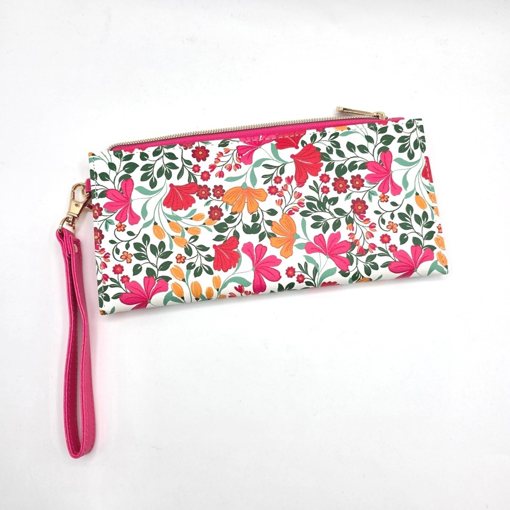 Draper James Floral Wristlet Wallet Pink Orange Botanical Print‎ Slim Clutch